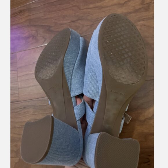 Aerosols Women’s 9 Wide Fit Denim Blue Gold Buckle Slip On Mule Block Sandal - Picture 6 of 7